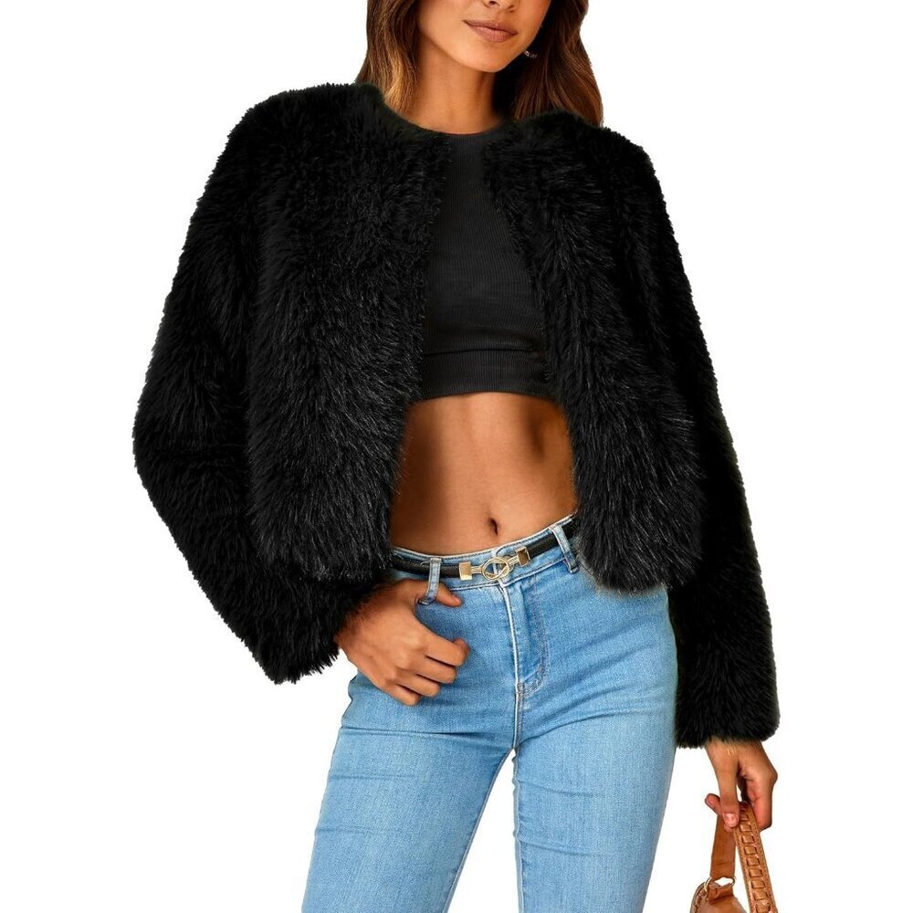 Women’s Black Winter Coats Fleece Cropped Jacket Faux Fur Warm Shaggy Outerwear